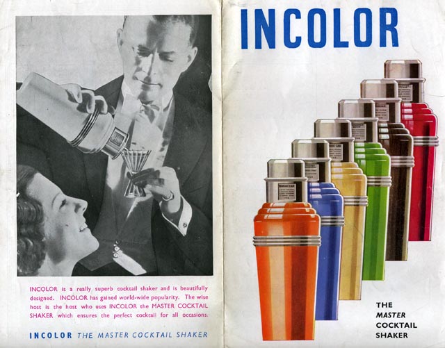 Cocktail shaker leaflet cover: on the front six cocktail shakers in different colours, on the back a man in white tie pouring a cocktail for a lady.